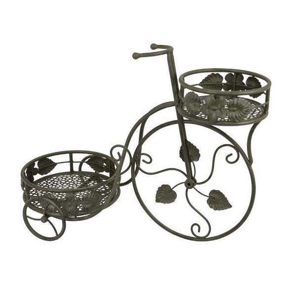 Benzara Covey Accent Plant Stand Tricycle 2 Round Pots Green Metal 22 Inch -BM330121
