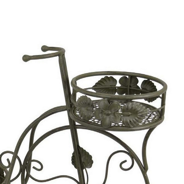 Benzara Covey Accent Plant Stand Tricycle 2 Round Pots Green Metal 22 Inch -BM330121