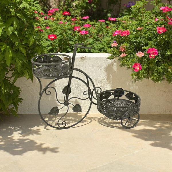 benzara Covey Accent Plant Stand Tricycle 2 Round Pots Green Metal 22 Inch -BM330121