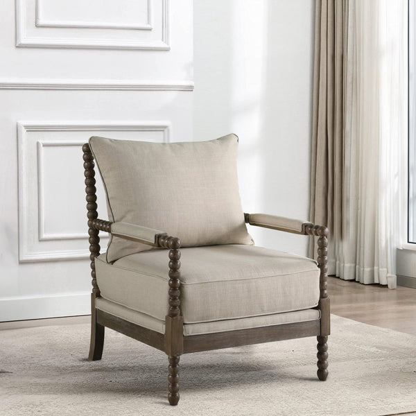 benzara Cushioned Back Fabric Upholstered Spindle Accent Chair Beige and Brown - BM205459
