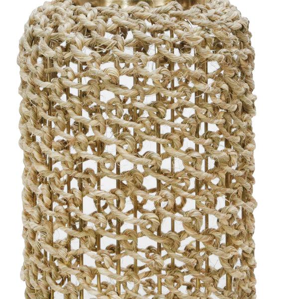 Benzara Cylindrical Rattan Lantern With Metal Frame And Handle Large Brown And Gold - BM221090