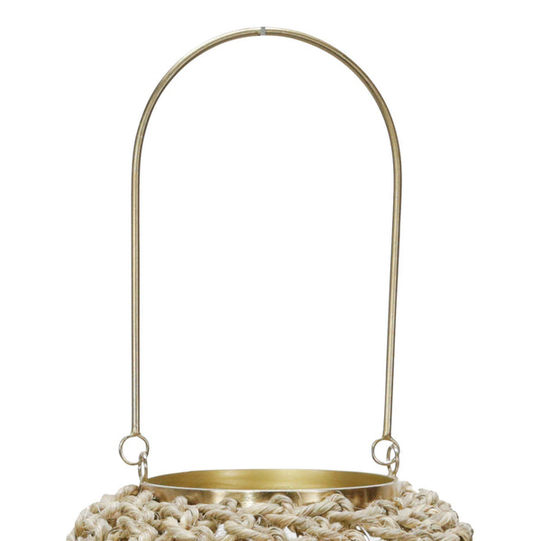 Benzara Cylindrical Rattan Lantern With Metal Frame And Handle Large Brown And Gold - BM221090