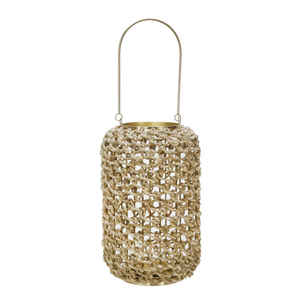 benzara Cylindrical Rattan Lantern with Metal Frame and Handle Large Brown and Gold - BM221090