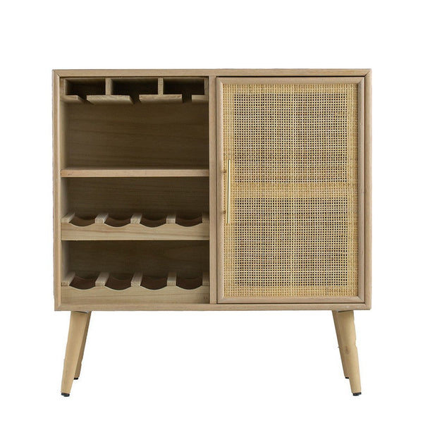 Benzara Dana 31 Inch Wood Wine Cabinet 2 Shelves Glass Hanger Rattan Door Brown - BM285104