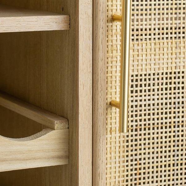 Benzara Dana 31 Inch Wood Wine Cabinet 2 Shelves Glass Hanger Rattan Door Brown - BM285104