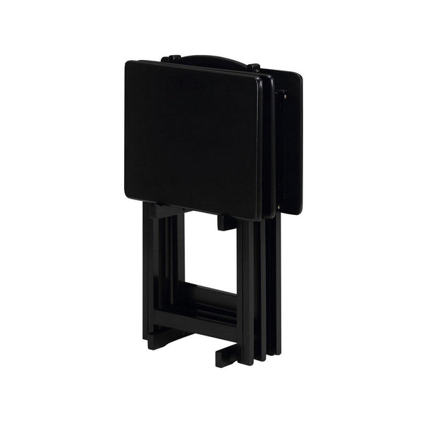 Benzara Dany 4pc TV Tray Table Set With Stand Black Asian Hardwood 31 Inch -BM329178