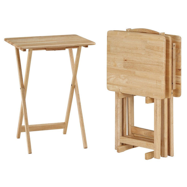 Benzara Dany 4pc TV Tray Table Set With Stand Brown Asian Hardwood 31 Inch -BM329179