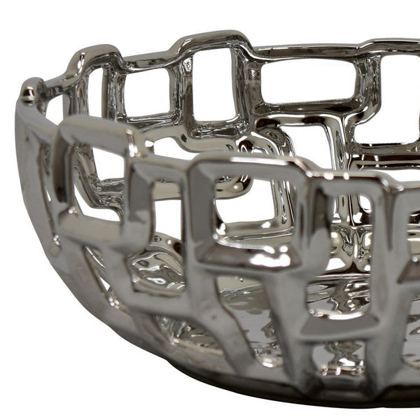 Benzara Decorative Accent Bowl Geometric Cut Design Silver Ceramic 14 Inch -BM330979
