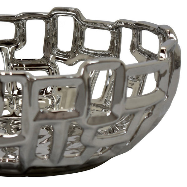 Benzara Decorative Accent Bowl Geometric Cut Design Silver Ceramic 14 Inch -BM330979