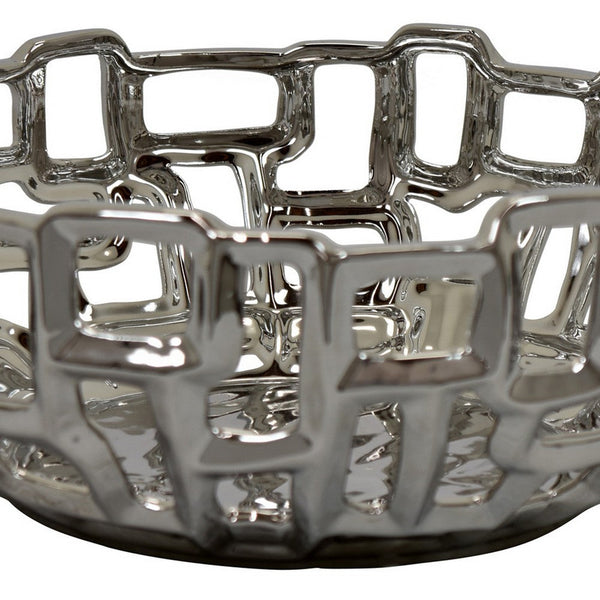 Benzara Decorative Accent Bowl Geometric Cut Design Silver Ceramic 14 Inch -BM330979