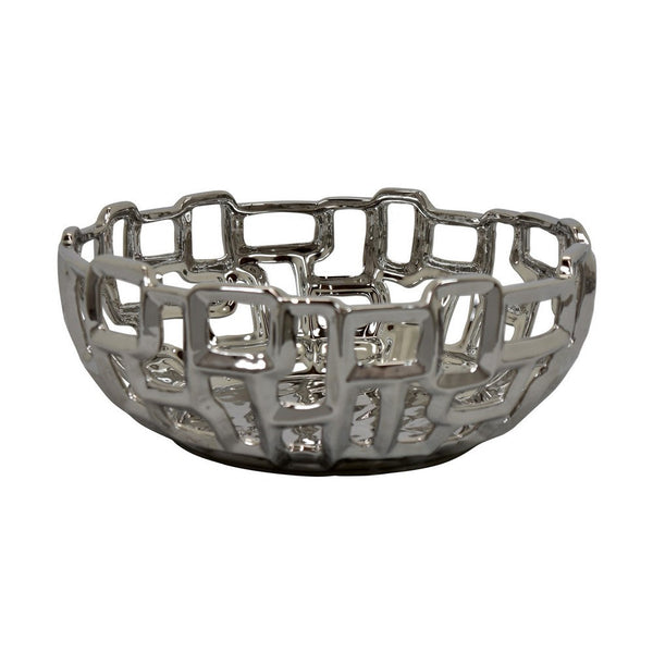 benzara Decorative Accent Bowl Geometric Cut Design Silver Ceramic 14 Inch -BM330979