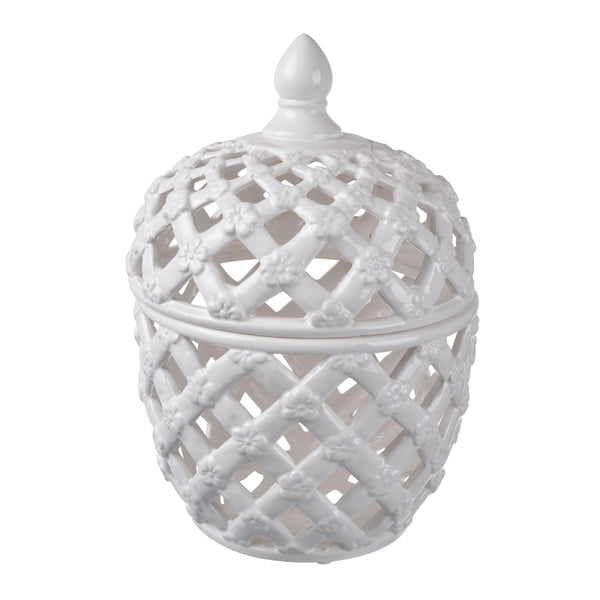 Benzara Decorative Ceramic Lidded Jar With Cut Out Texture Large White - BM202237