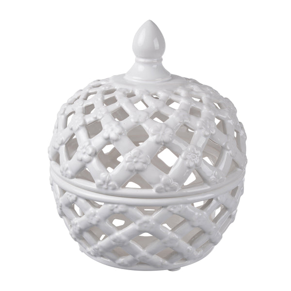Benzara Decorative Ceramic Lidded Jar With Flower Motif Exterior Small White - BM202236