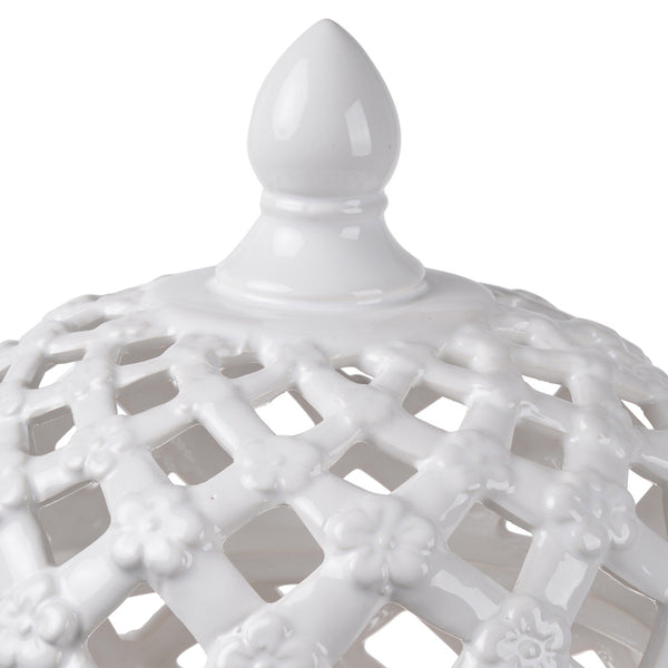 Benzara Decorative Ceramic Lidded Jar With Flower Motif Exterior Small White - BM202236