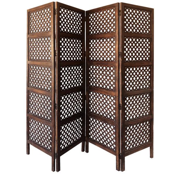 Benzara Decorative Four Panel Mango Wood Hinged Room Divider With Circular Cutout Design Brown - BM01876