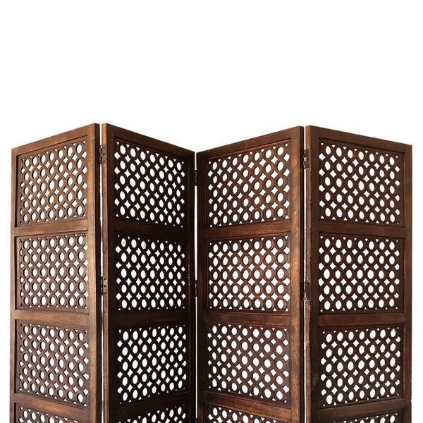 Benzara Decorative Four Panel Mango Wood Hinged Room Divider With Circular Cutout Design Brown - BM01876