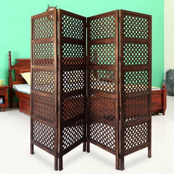 benzara Decorative Four Panel Mango Wood Hinged Room Divider with Circular Cutout Design Brown - BM01876