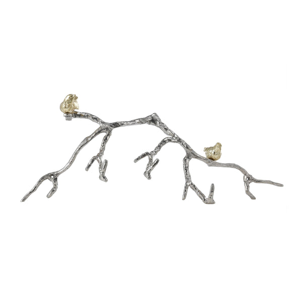 Benzara Decorative Wall Hook Branch Shaped With Birds Apogee Silver And Gold - BM200603