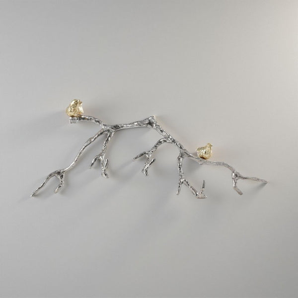 benzara Decorative Wall Hook Branch Shaped with Birds Apogee Silver and Gold - BM200603