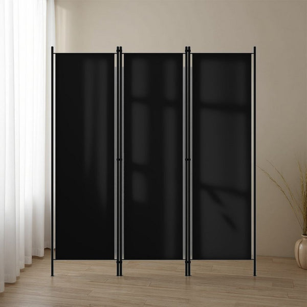 benzara Dina 3 Panel Room Divider Screen Black Fabric and Iron 71 Inch -BM325850
