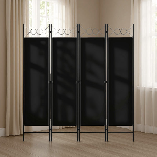 Benzara Dina 4 Panel Room Divider Screen Black Fabric Iron Frame 63 Inch -BM326441