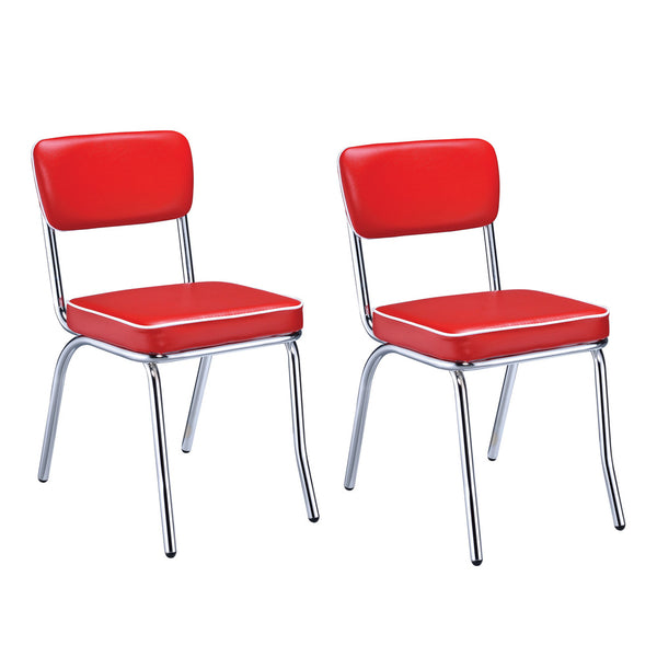 benzara Dining Side Chair Set of 2 Retro Red Faux Leather Chrome Metal Legs - BM182770