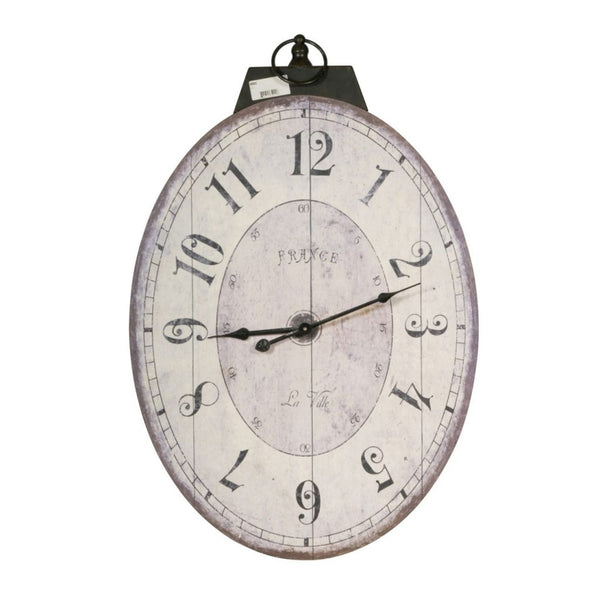 Benzara Distressed Oval Shape Wooden Wall Clock With Ring Hanger White And Black - BM196306