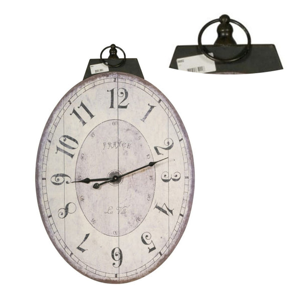 Benzara Distressed Oval Shape Wooden Wall Clock With Ring Hanger White And Black - BM196306