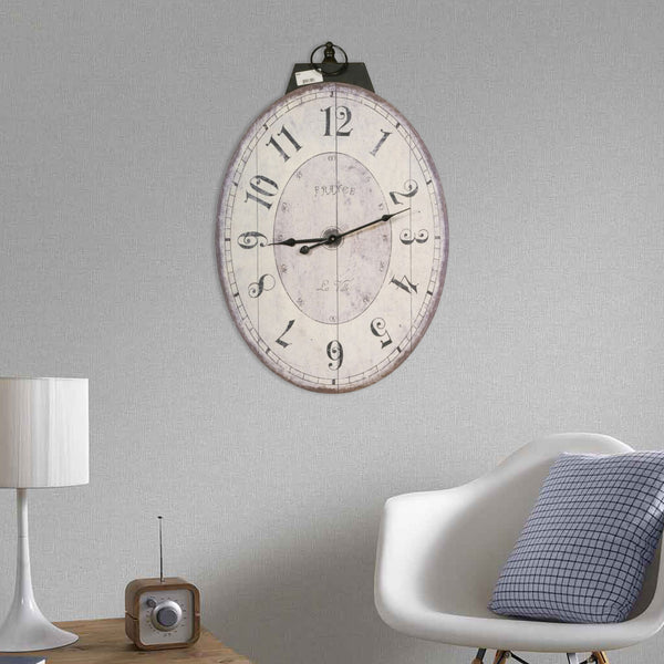 benzara Distressed Oval Shape Wooden Wall Clock with Ring Hanger White and Black - BM196306
