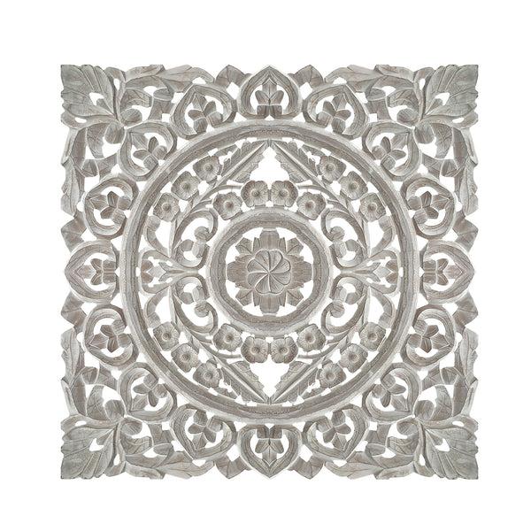 Benzara Distressed Square Shape Wooden Wall Panel With Traditional Carvings White - UPT-200173