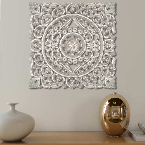benzara Distressed Square Shape Wooden Wall Panel with Traditional Carvings White - UPT-200173