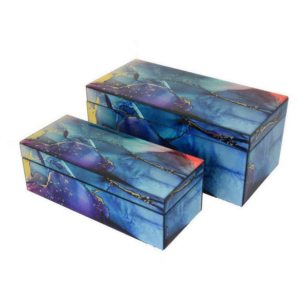 Benzara Dory Decorative Box Set Of 2 Blue Gold Faux Agate Stone Accent Glass -BM331377