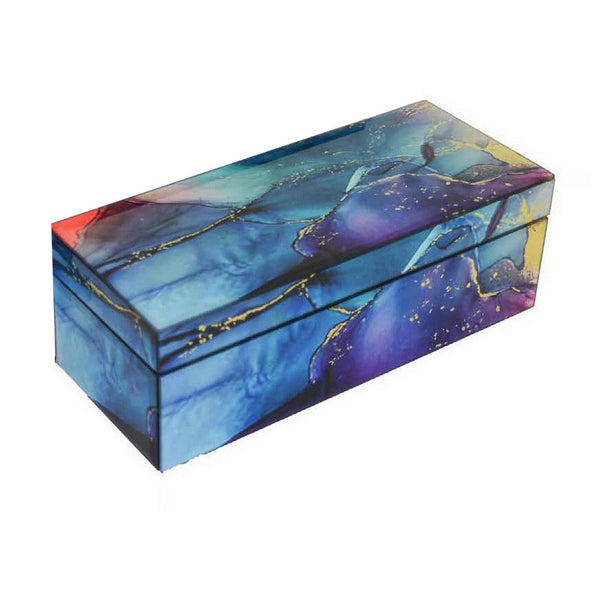 Benzara Dory Decorative Box Set Of 2 Blue Gold Faux Agate Stone Accent Glass -BM331377