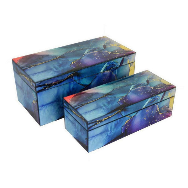 benzara Dory Decorative Box Set of 2 Blue Gold Faux Agate Stone Accent Glass -BM331377