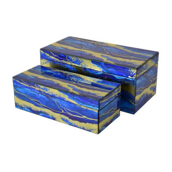 Benzara Dory Decorative Box Set Of 2 Blue Gold Faux Marble Pattern Glass -BM331379