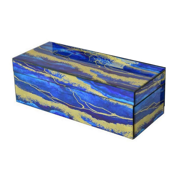 Benzara Dory Decorative Box Set Of 2 Blue Gold Faux Marble Pattern Glass -BM331379