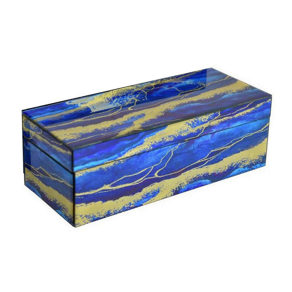 Benzara Dory Decorative Box Set Of 2 Blue Gold Faux Marble Pattern Glass -BM331379