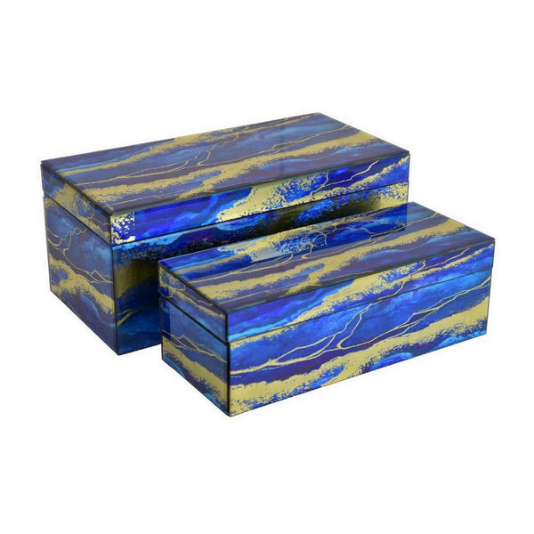 benzara Dory Decorative Box Set of 2 Blue Gold Faux Marble Pattern Glass -BM331379