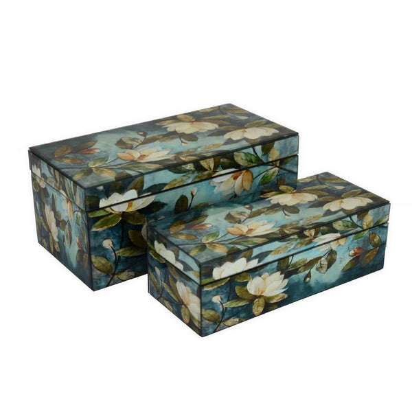 Benzara Dory Decorative Box Set Of 2 Blue White Green Lily Accent Glass -BM331372
