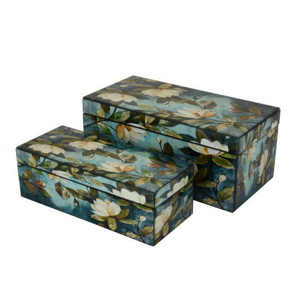 Benzara Dory Decorative Box Set Of 2 Blue White Green Lily Accent Glass -BM331372