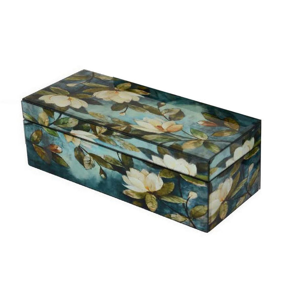 Benzara Dory Decorative Box Set Of 2 Blue White Green Lily Accent Glass -BM331372