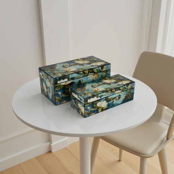 benzara Dory Decorative Box Set of 2 Blue White Green Lily Accent Glass -BM331372