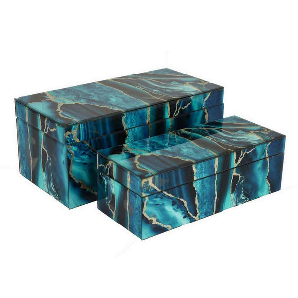 Benzara Dory Decorative Box Set Of 2 Deep Blue Black Faux Marble Accent Glass -BM331370