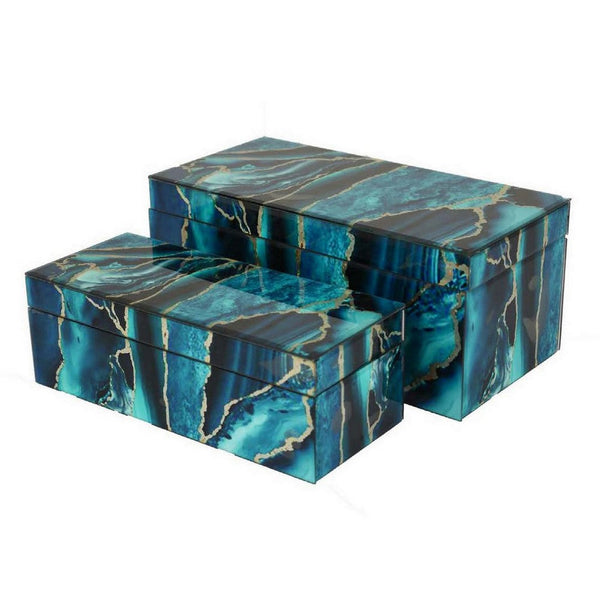 Benzara Dory Decorative Box Set Of 2 Deep Blue Black Faux Marble Accent Glass -BM331370