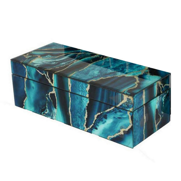 Benzara Dory Decorative Box Set Of 2 Deep Blue Black Faux Marble Accent Glass -BM331370
