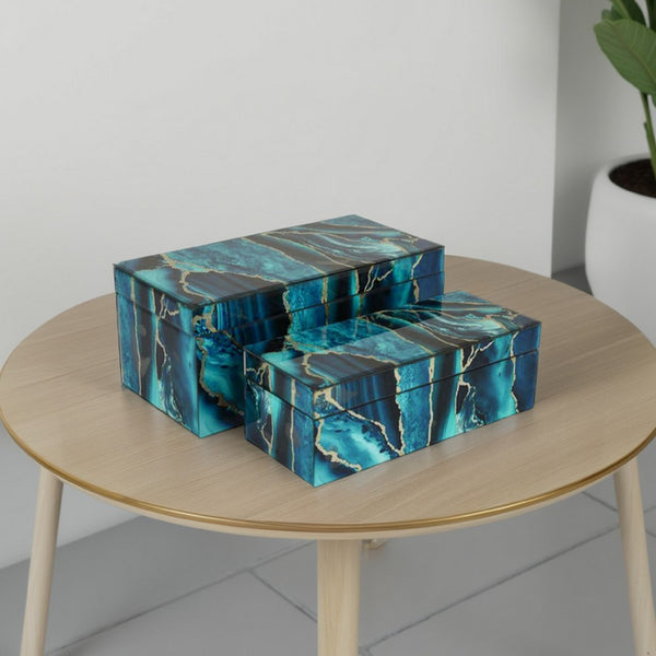 benzara Dory Decorative Box Set of 2 Deep Blue Black Faux Marble Accent Glass -BM331370