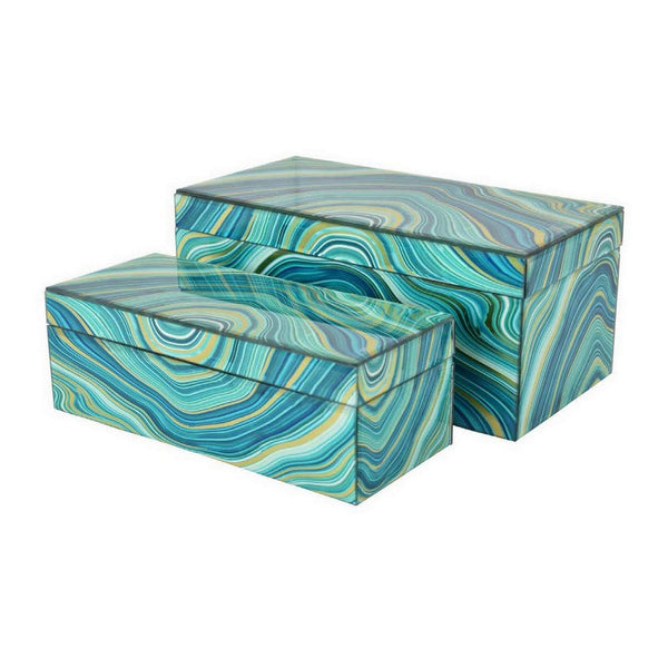 Benzara Dory Decorative Box Set Of 2 Faux Marble Accent Teal Blue Gold Glass -BM331381
