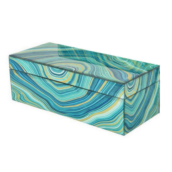 Benzara Dory Decorative Box Set Of 2 Faux Marble Accent Teal Blue Gold Glass -BM331381