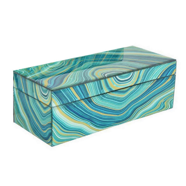 Benzara Dory Decorative Box Set Of 2 Faux Marble Accent Teal Blue Gold Glass -BM331381