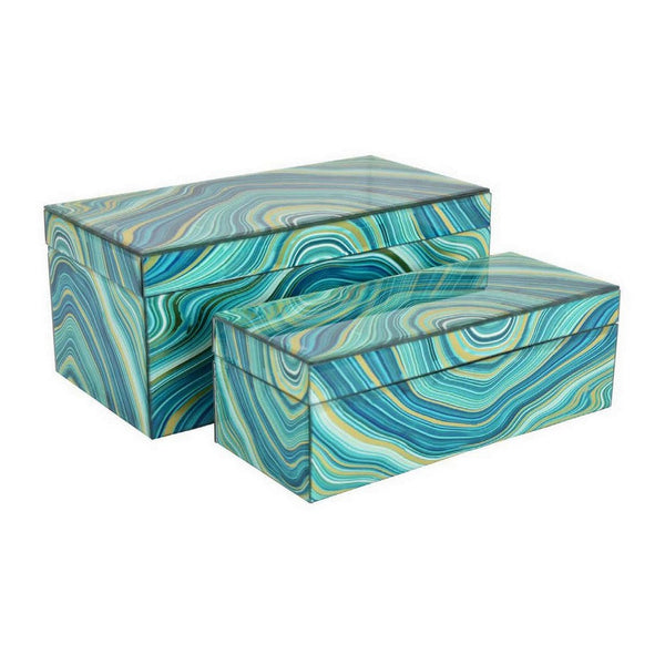 benzara Dory Decorative Box Set of 2 Faux Marble Accent Teal Blue Gold Glass -BM331381